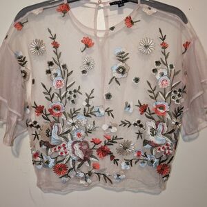 Floral Embroidered Sheer Crop Top